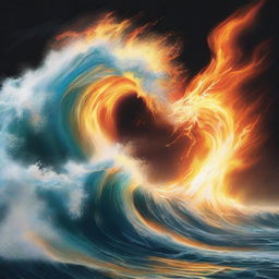 A dramatic scene featuring intense fire and charging water colliding into each other with great force