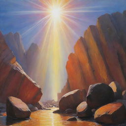 A vivid painting with the name 'JYOTI' prominently displayed, bathed in rays of light. Above the name, large rocks float mysteriously.