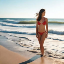 A beautiful woman standing alone on a beach, wearing a red bikini