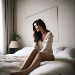 A woman sitting on a bed with her legs stretched out