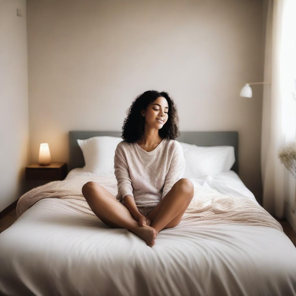 A woman sitting on a bed with her legs stretched out