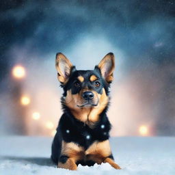 Create a photo-quality image for a book cover featuring a small furry black and tan dog in a blizzard background at night