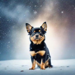 Create a photo-quality image for a book cover featuring a small furry black and tan dog in a blizzard background at night