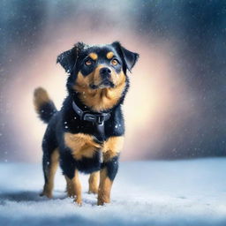 Create a photo-quality image for a book cover featuring a small furry black and tan dog in a blizzard background at night