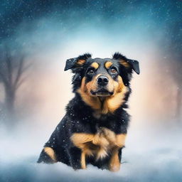 Create a photo-quality image for a book cover featuring a small furry black and tan dog in a blizzard background at night