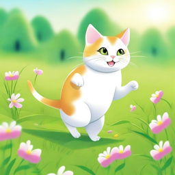 A cute cat carrying a mouse on its back, walking through lush green grass