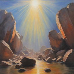 A vivid painting with the name 'JYOTI' prominently displayed, bathed in rays of light. Above the name, large rocks float mysteriously.