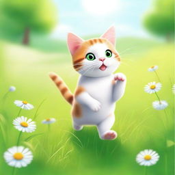 A cute cat carrying a mouse on its back, walking through lush green grass