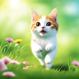 A cute cat carrying a mouse on its back, walking through lush green grass