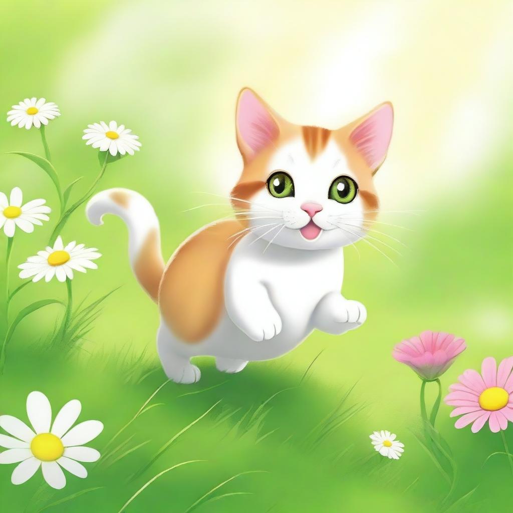 A cute cat carrying a mouse on its back, walking through lush green grass