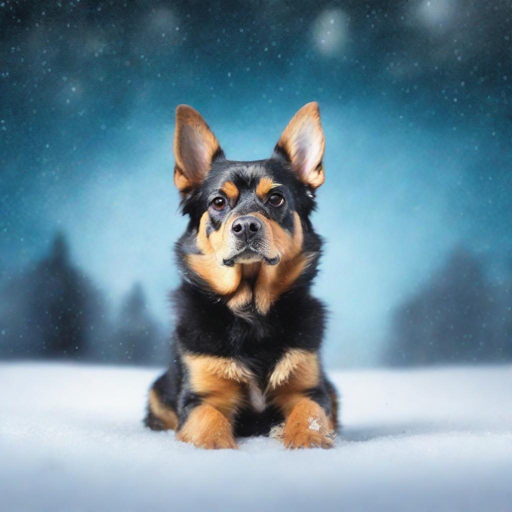 Create a photo-quality book cover featuring a small furry black and tan dog in a blizzard background at night