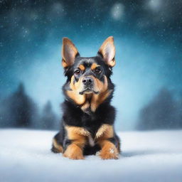 Create a photo-quality book cover featuring a small furry black and tan dog in a blizzard background at night