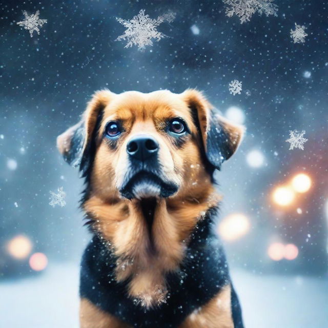 Create a photo-quality book cover featuring a small furry black and tan dog in a blizzard background at night