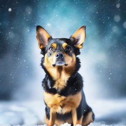 Create a photo-quality book cover featuring a small furry black and tan dog in a blizzard background at night