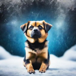 Create a photo-quality book cover featuring a small furry black and tan dog in a blizzard background at night