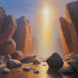 A vivid painting with the name 'JYOTI' prominently displayed, bathed in rays of light. Above the name, large rocks float mysteriously.