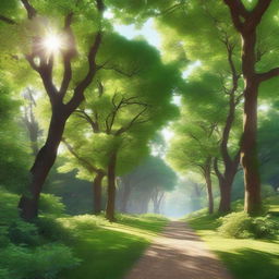 An ultra-realistic landscape featuring lush green trees