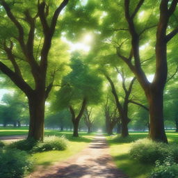 An ultra-realistic landscape featuring lush green trees