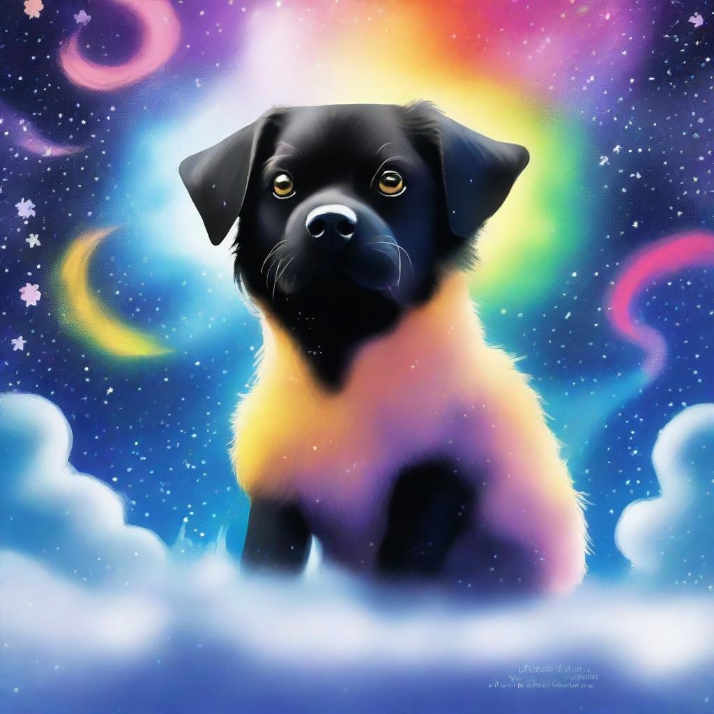 Create a book cover featuring a small furry black and tan dog experiencing an LSD hallucination