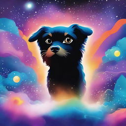 Create a book cover featuring a small furry black and tan dog experiencing an LSD hallucination