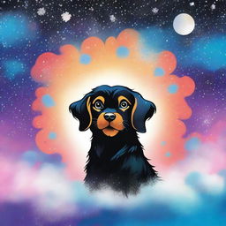 Create a book cover featuring a small furry black and tan dog experiencing an LSD hallucination