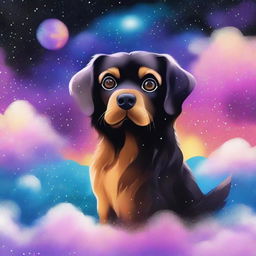 Create a book cover featuring a small furry black and tan dog experiencing an LSD hallucination