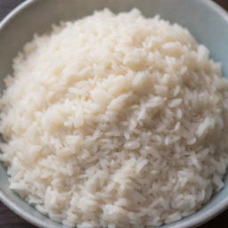 A detailed close-up of perfectly cooked, aromatic white rice, each grain shimmering with a bit of steam rising off in a ceramic bowl.