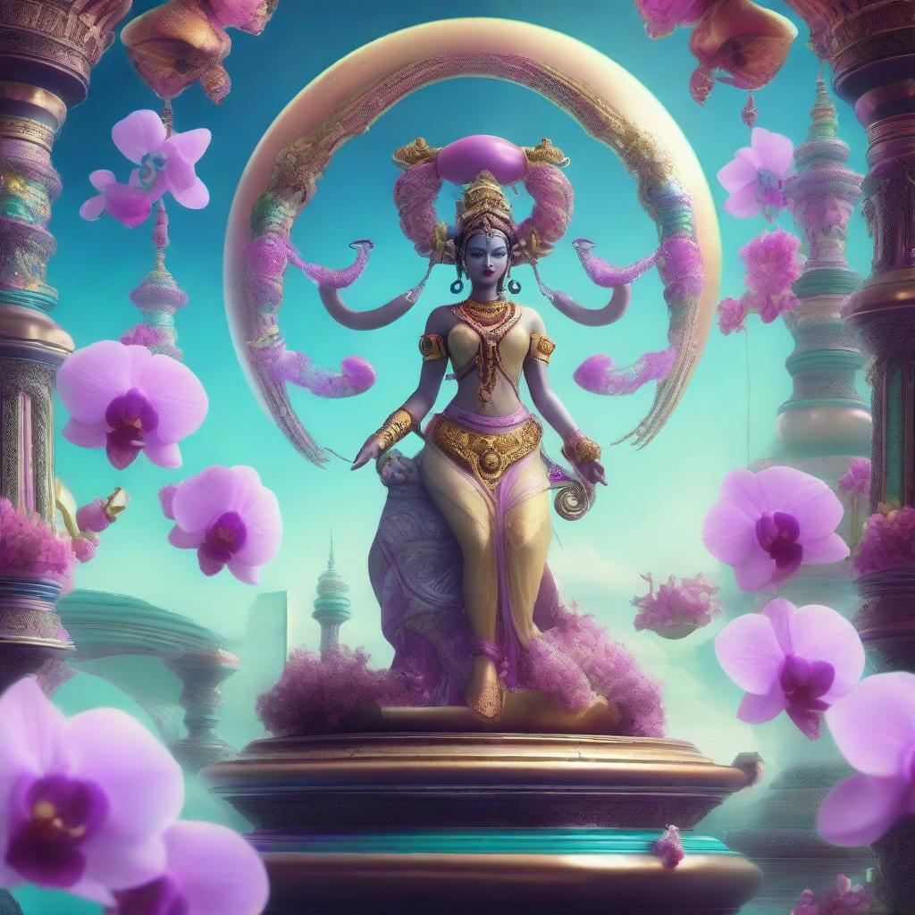 A futuristic space landing platform on Saturn, featuring a majestic Hindu alien goddess with multiple arms and tentacles