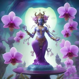 A futuristic space landing platform on Saturn, featuring a majestic Hindu alien goddess with multiple arms and tentacles