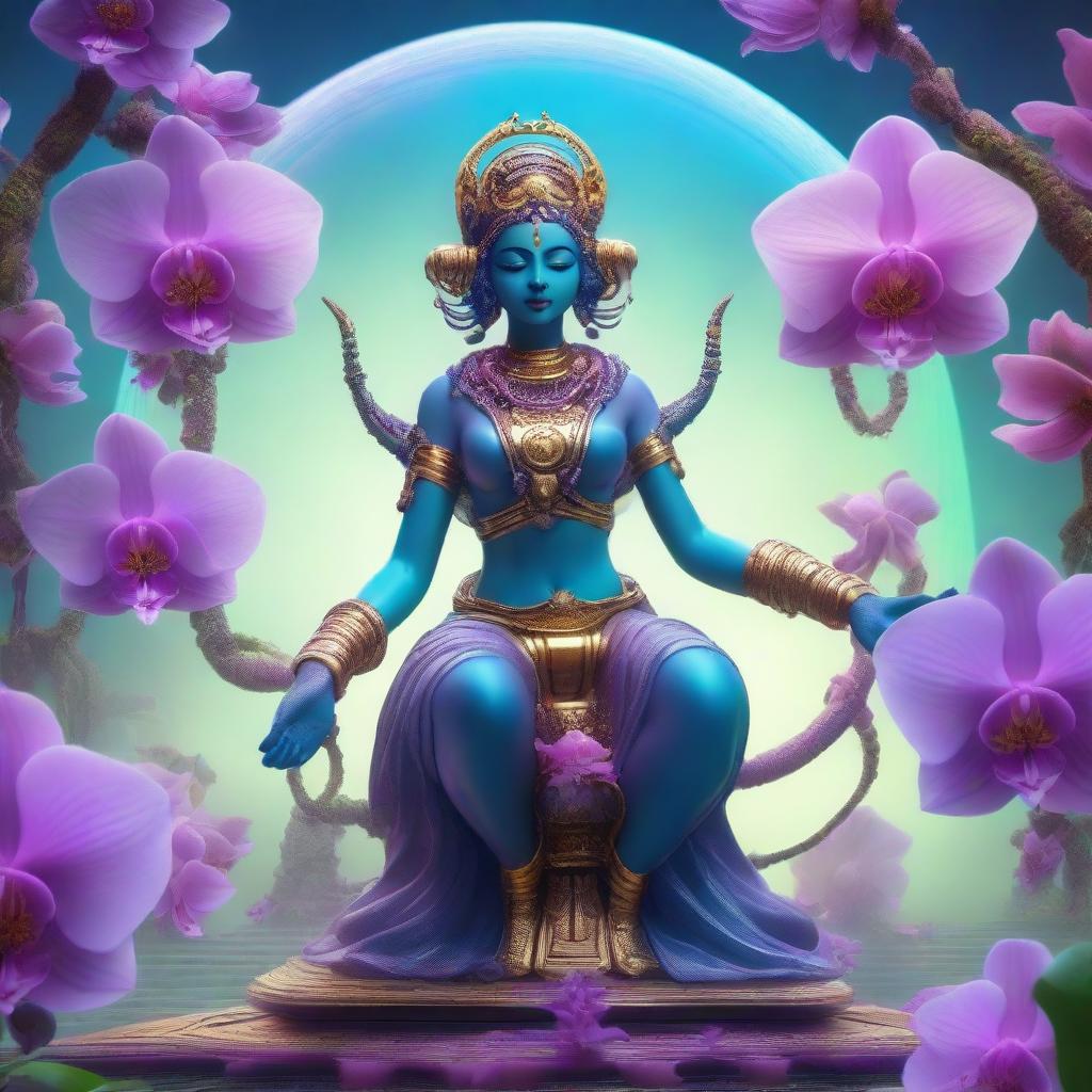 A futuristic space landing platform on Saturn, featuring a majestic Hindu alien goddess with multiple arms and tentacles