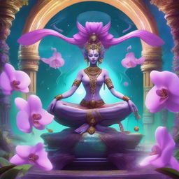A futuristic space landing platform on Saturn, featuring a majestic Hindu alien goddess with multiple arms and tentacles