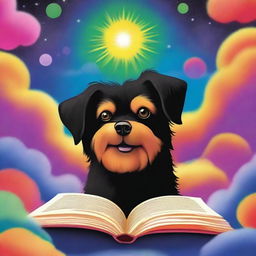 Design a book cover featuring a small furry black and tan dog experiencing an LSD hallucination