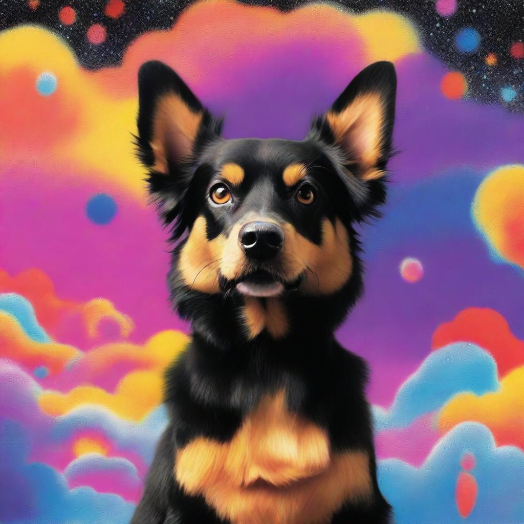 Design a book cover featuring a small furry black and tan dog experiencing an LSD hallucination