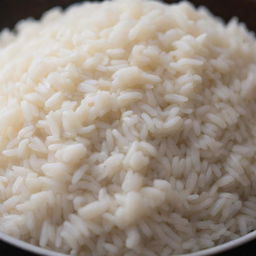 A detailed close-up of perfectly cooked, aromatic white rice, each grain shimmering with a bit of steam rising off in a ceramic bowl.