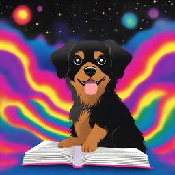 Design a book cover featuring a small furry black and tan dog experiencing an LSD hallucination