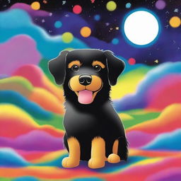 Design a book cover featuring a small furry black and tan dog experiencing an LSD hallucination