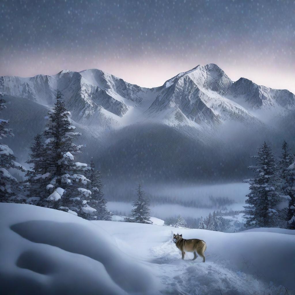 Create a photo-quality image of a night-time blizzard in the mountains