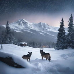 Create a photo-quality image of a night-time blizzard in the mountains