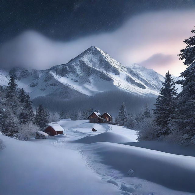 Create a photo-quality image of a night-time blizzard in the mountains