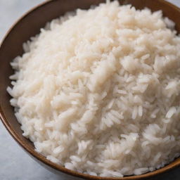 A detailed close-up of perfectly cooked, aromatic white rice, each grain shimmering with a bit of steam rising off in a ceramic bowl.