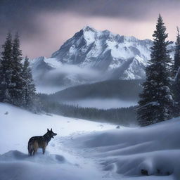 Create a photo-quality image of a night-time blizzard in the mountains