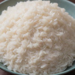 A detailed close-up of perfectly cooked, aromatic white rice, each grain shimmering with a bit of steam rising off in a ceramic bowl.