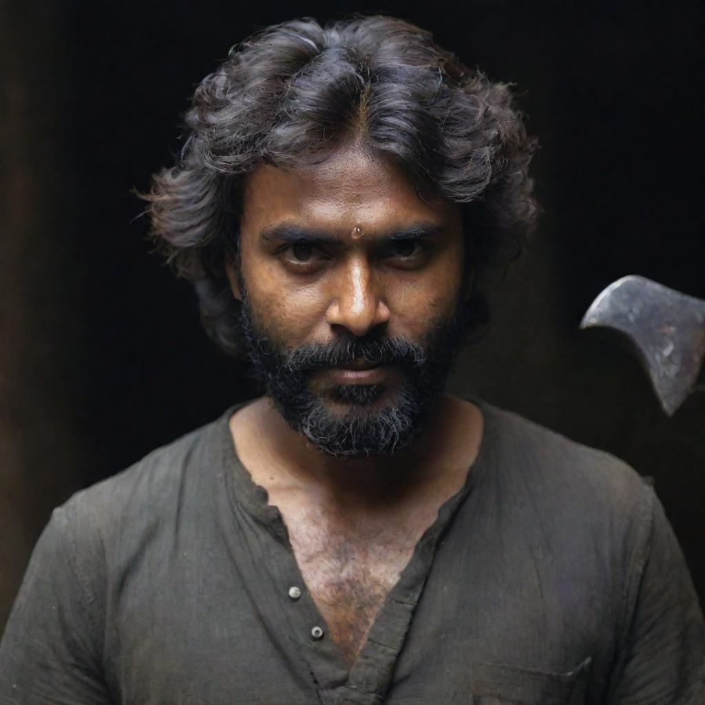 An Indian man with a darker skin tone, thick, messy hair reaching his cheeks, and a slightly trimmed beard, holding two short axes in a dark and mysterious setting.