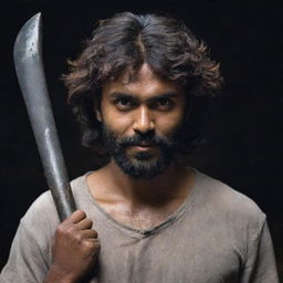 An Indian man with a darker skin tone, thick, messy hair reaching his cheeks, and a slightly trimmed beard, holding two short axes in a dark and mysterious setting.