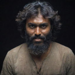 An Indian man with a darker skin tone, thick, messy hair reaching his cheeks, and a slightly trimmed beard, holding two short axes in a dark and mysterious setting.