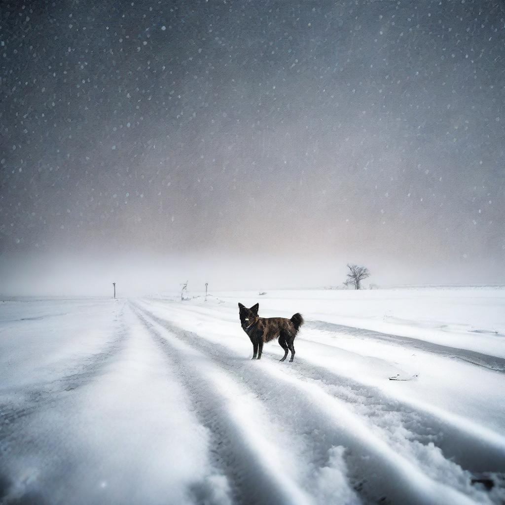 Create a fine art, photo-quality image of a night-time blizzard on the high plains