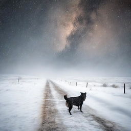 Create a fine art, photo-quality image of a night-time blizzard on the high plains