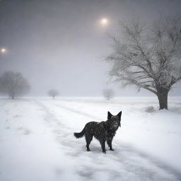 Create a fine art, photo-quality image of a night-time blizzard on the high plains