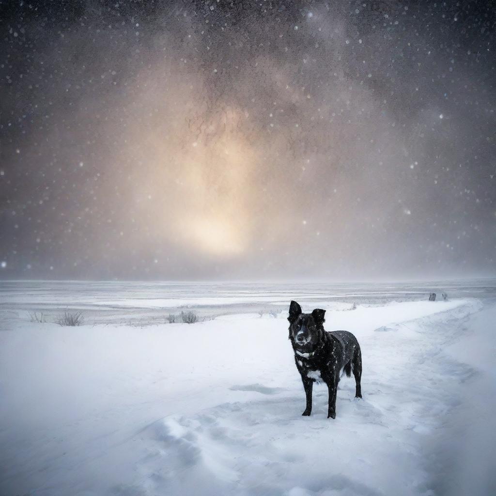 Create a fine art, photo-quality image of a night-time blizzard on the high plains