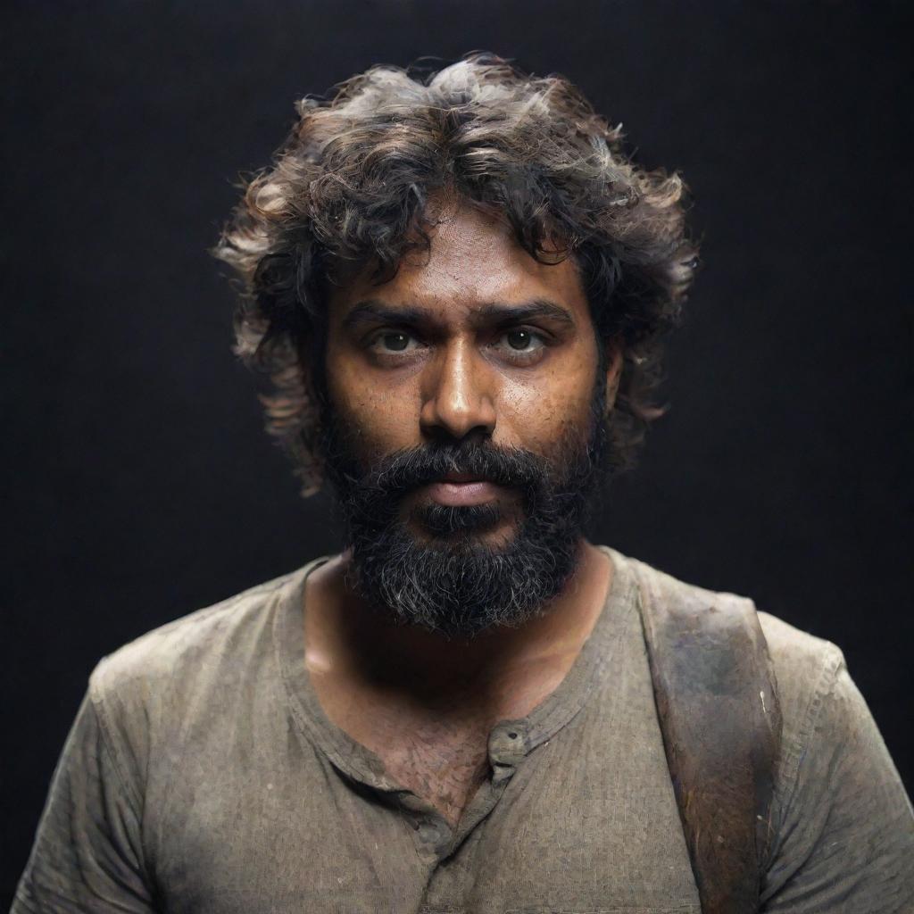 An Indian man with a darker skin tone, thick, messy hair reaching his cheeks, and a slightly trimmed beard, holding two short axes in a dark and mysterious setting.